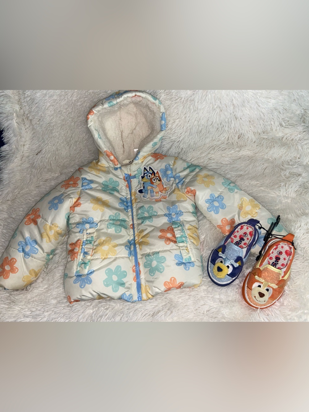 Kids Floral Hooded Puffer Jacket - Multicolor used good condition and new shoes